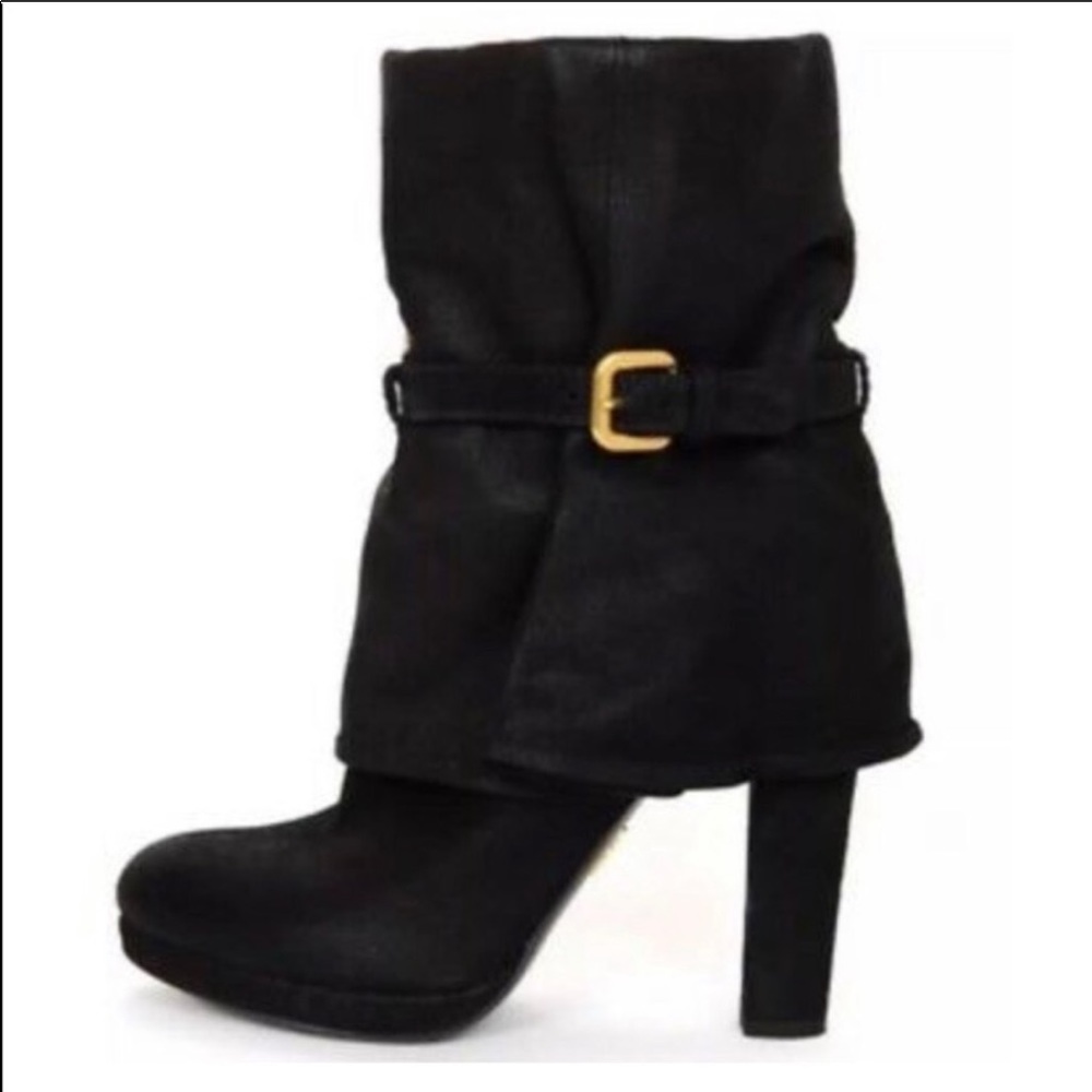 Prada Leather Black Fold Over Heeled Boots